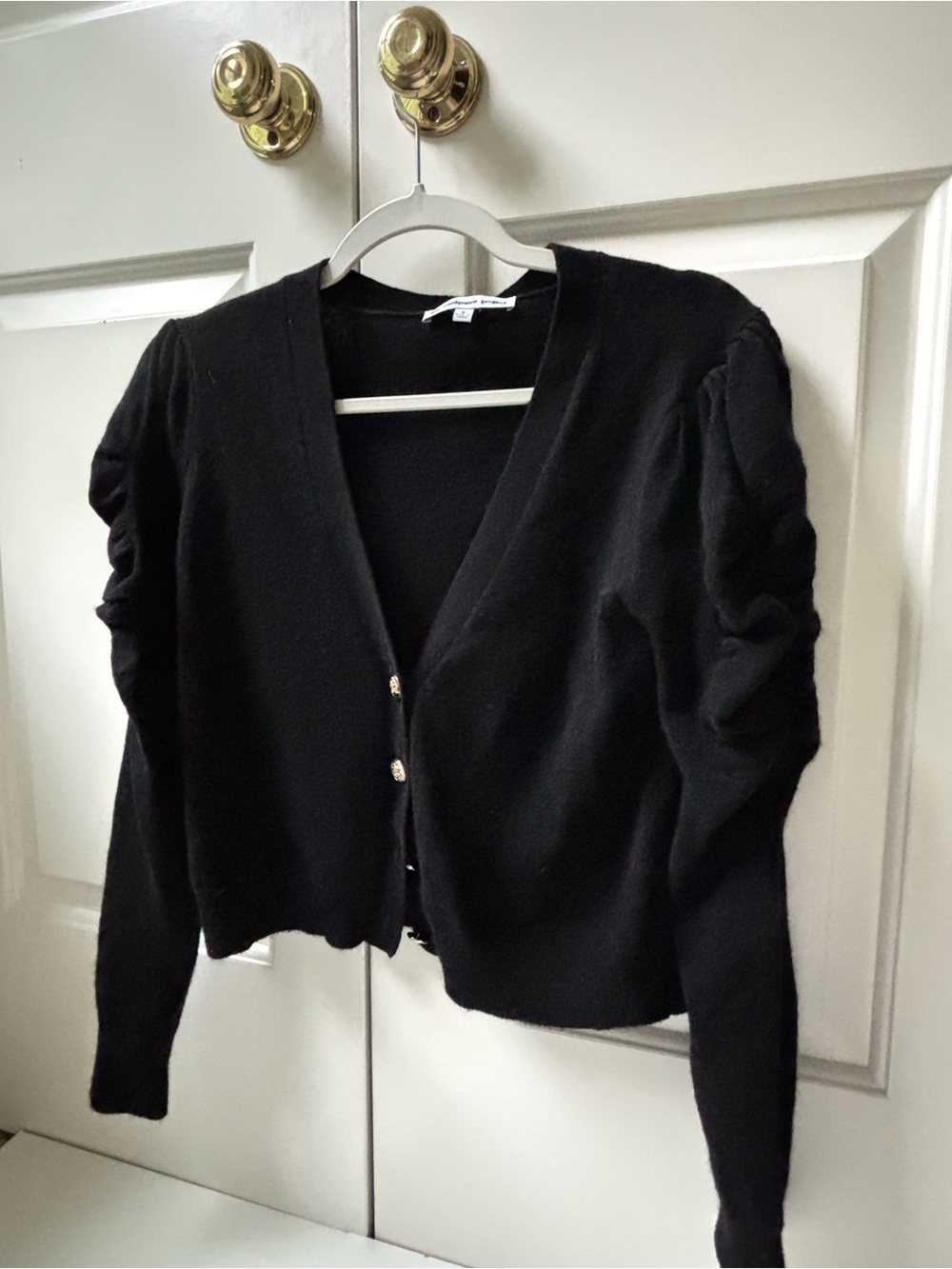 The Cashmere Project- Cashmere Black Womens Puff-Sleeve V-Neck Cardigan- small